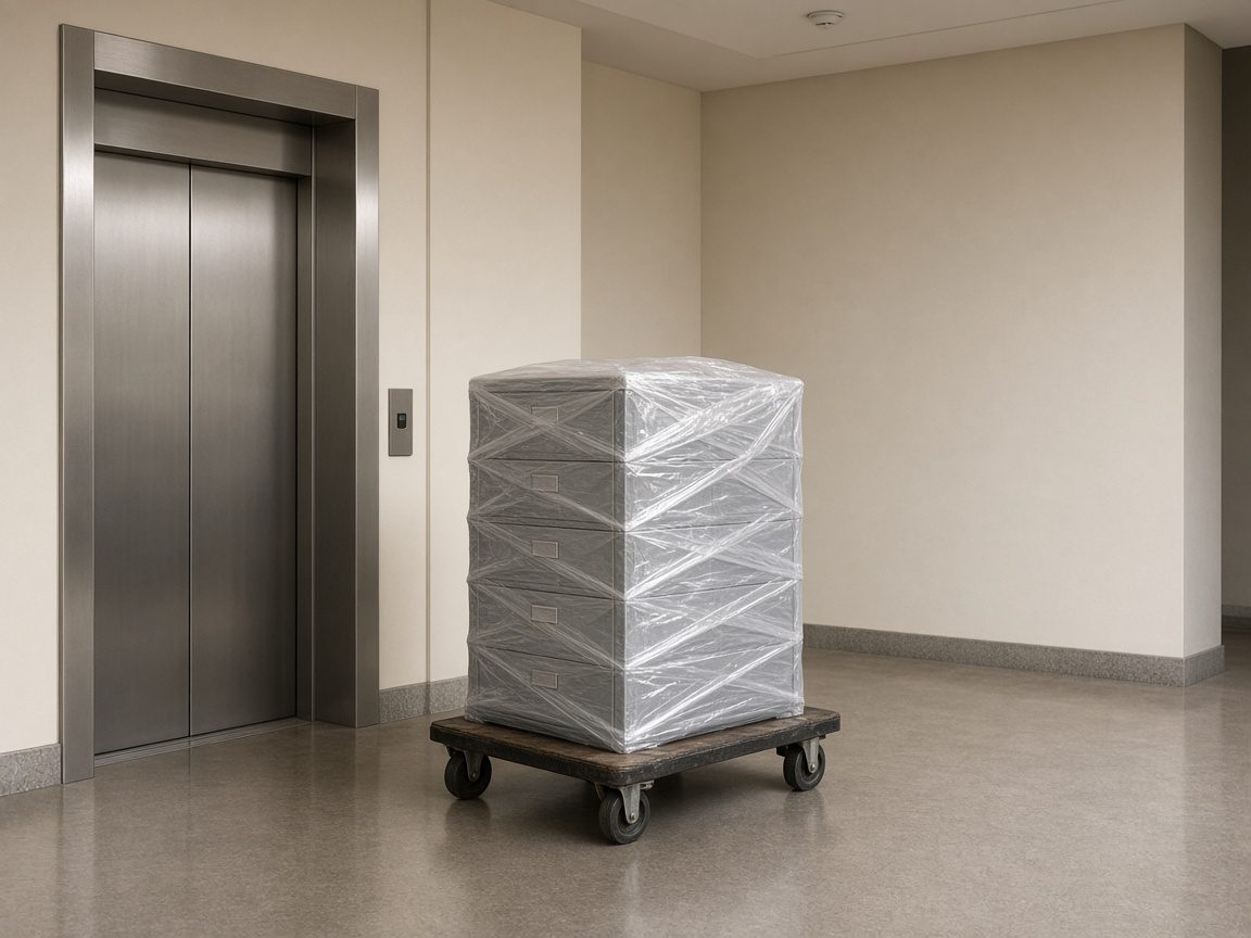 A wrapped file cabinet on a dolly in an elevator lobby with no directory.