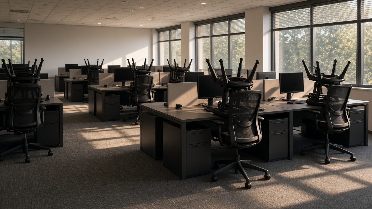 An office with chairs stacked on desks and dark monitors, walls free of logos.