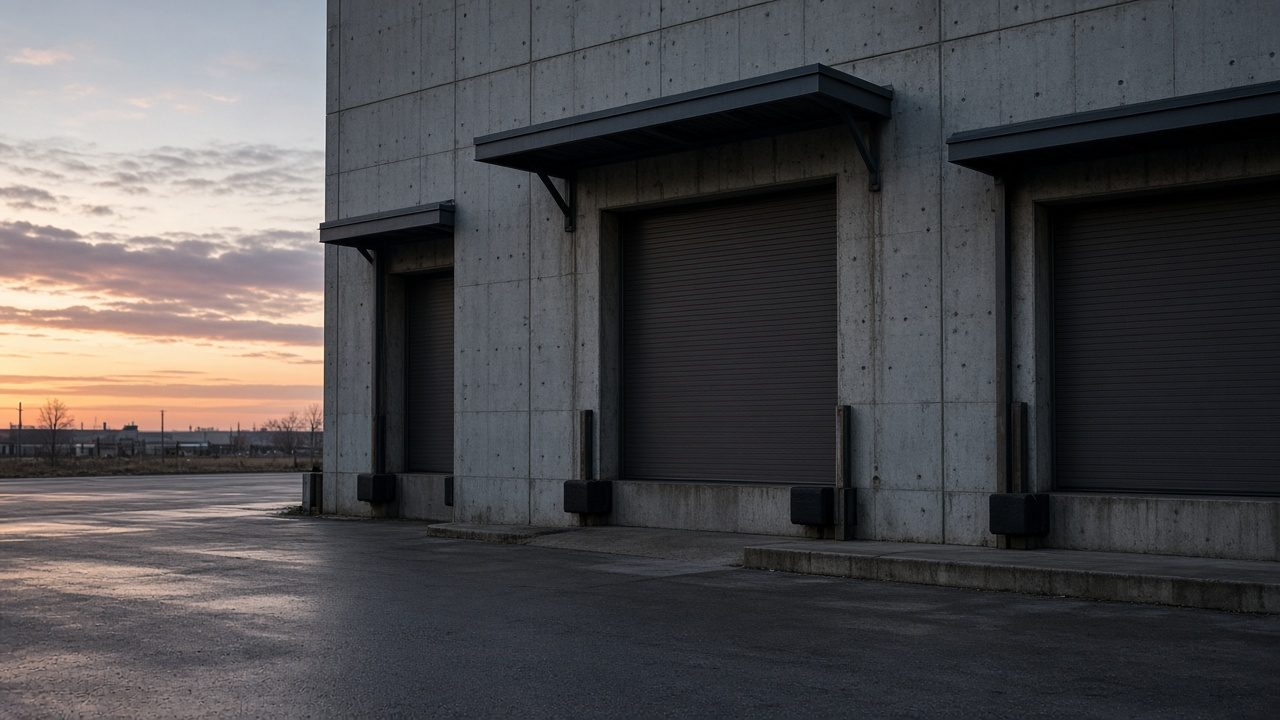 An empty loading dock at dawn with a shut bay and no numbers or signs.