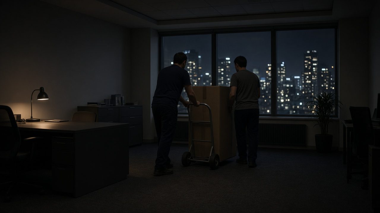 Movers with a dolly in a dark office at night, windows showing only an unreadable glow.