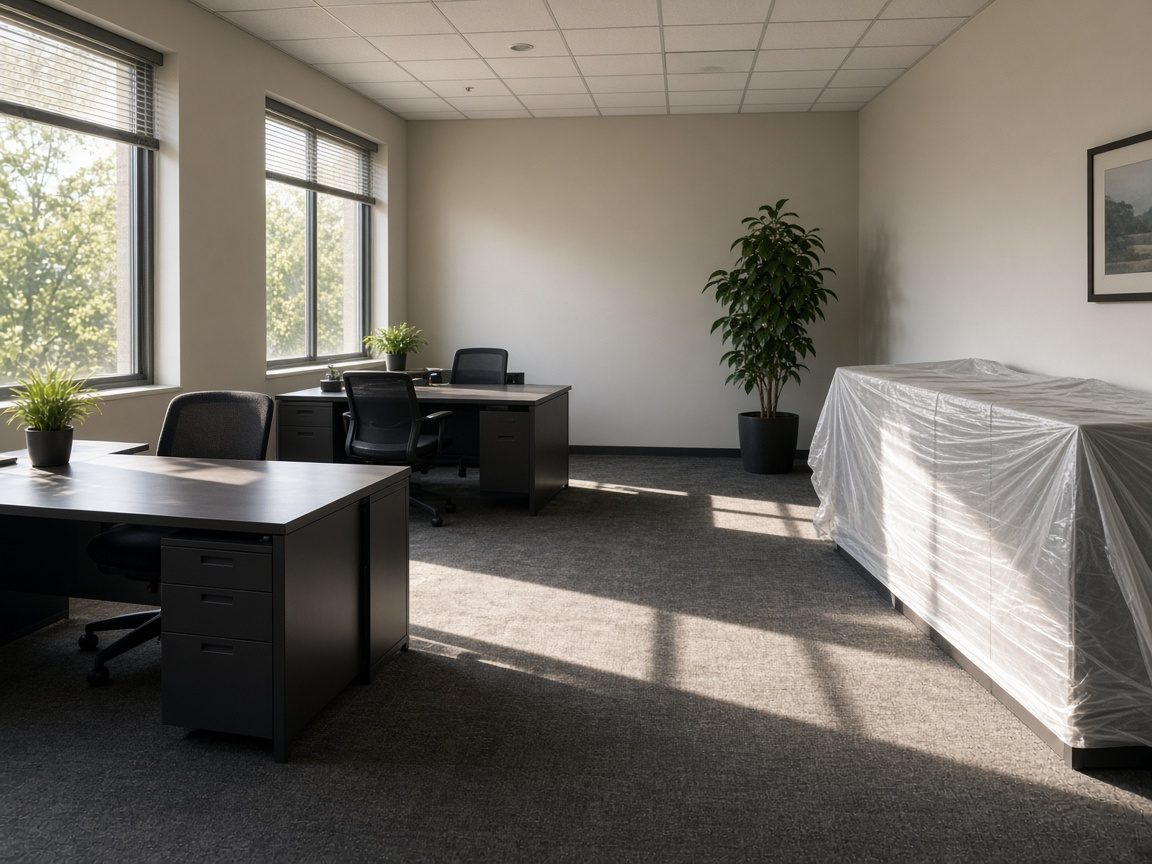 A wrapped credenza in an empty office in hard daylight.