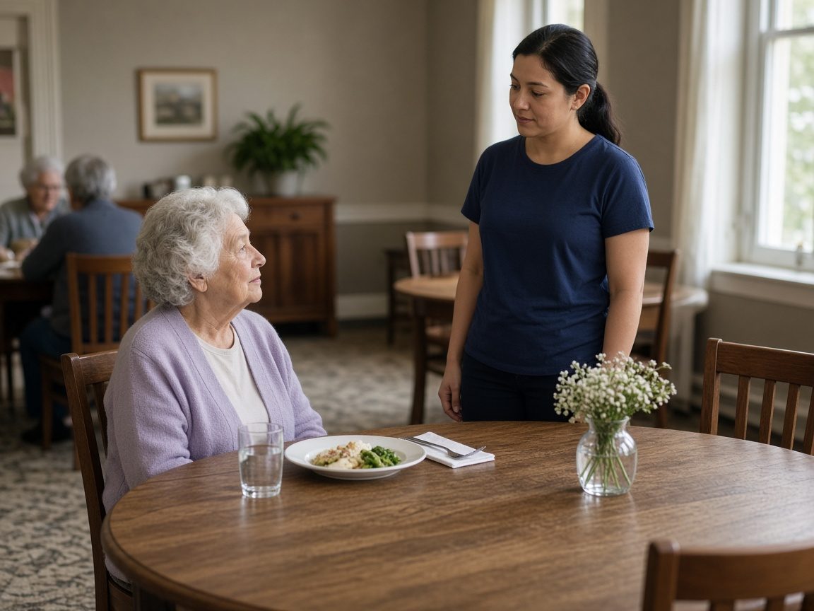 A staff member standing near an older resident at a dining table, no menu in sight.