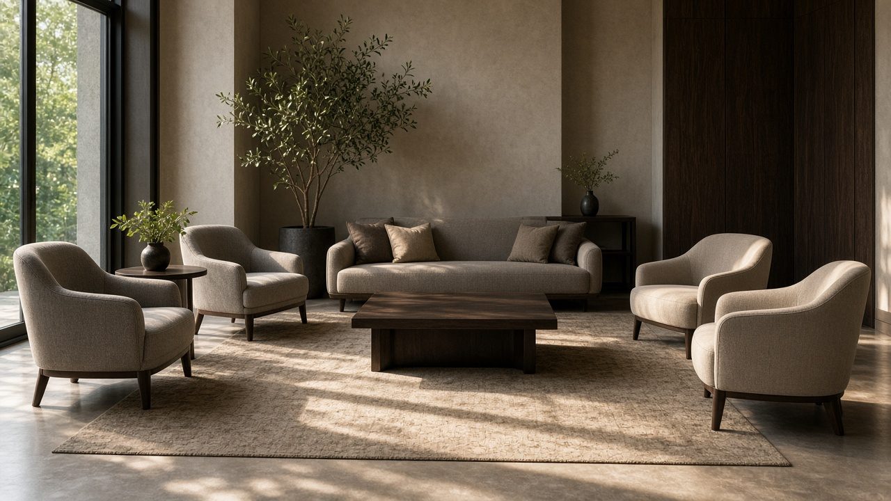 Empty lobby seating arranged for a conversation, with no brochures.