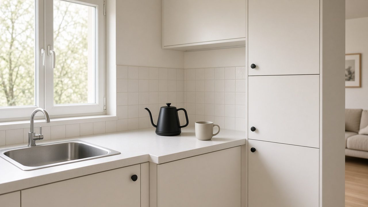 A bright apartment kitchenette with a kettle and a single cup.