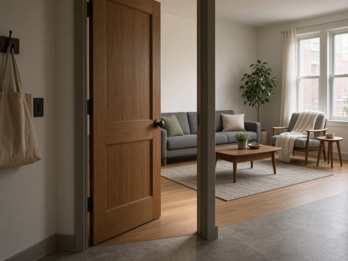 An unnumbered apartment door open onto a shared sitting area.