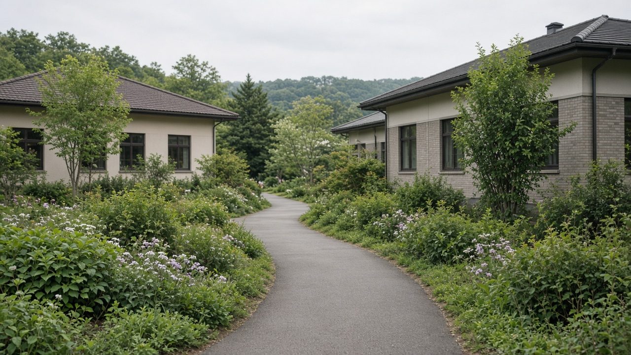 A garden path connecting two low buildings, with no signs.