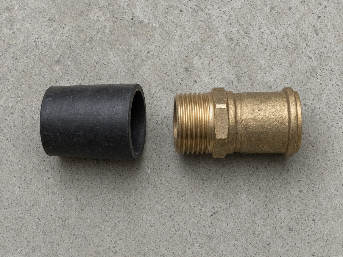 A rubber hose end and a brass fitting almost meet, with a small gap.