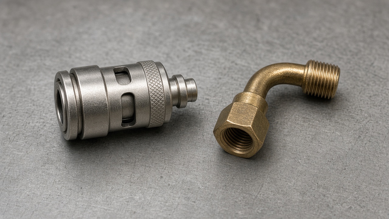An unbranded hose coupling lies beside a custom-bent brass fitting.