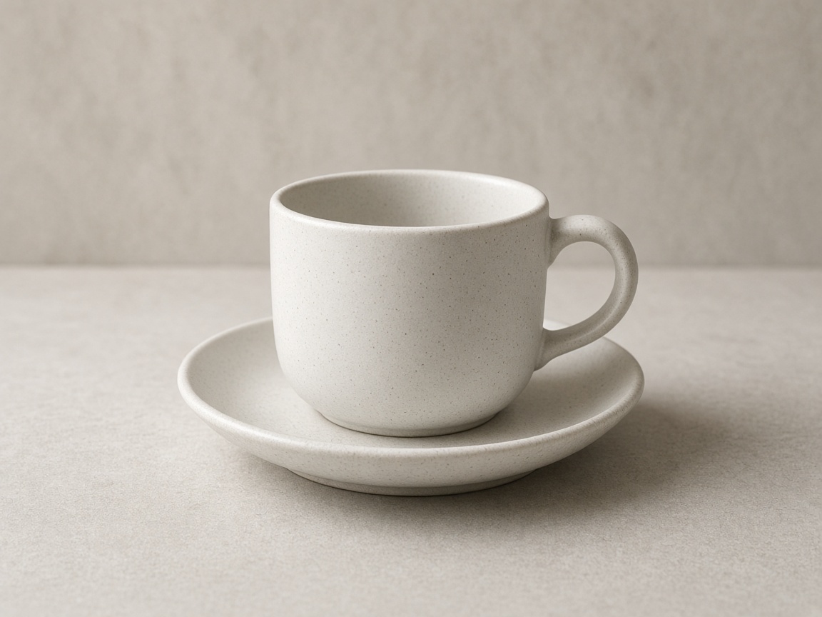A single empty ceramic cup sits on a saucer.