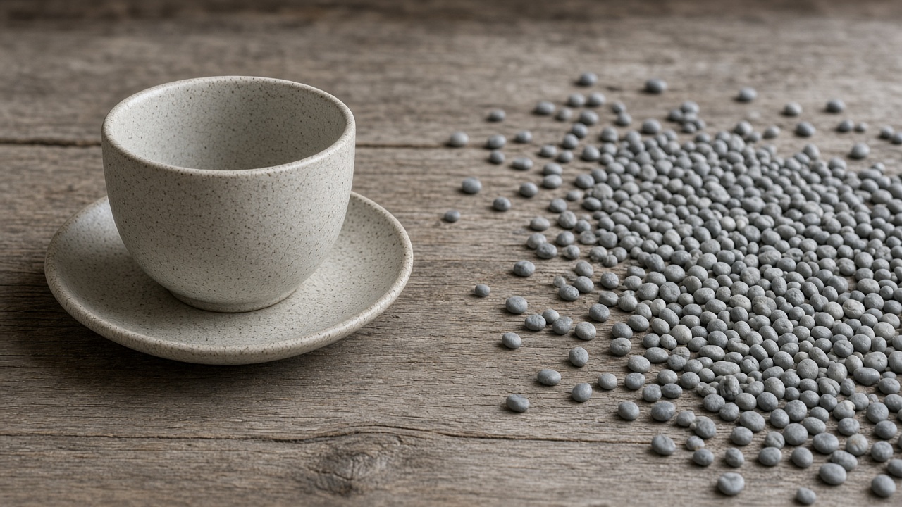 One ceramic cup on a saucer stands apart from a wide stream of tiny pebbles.