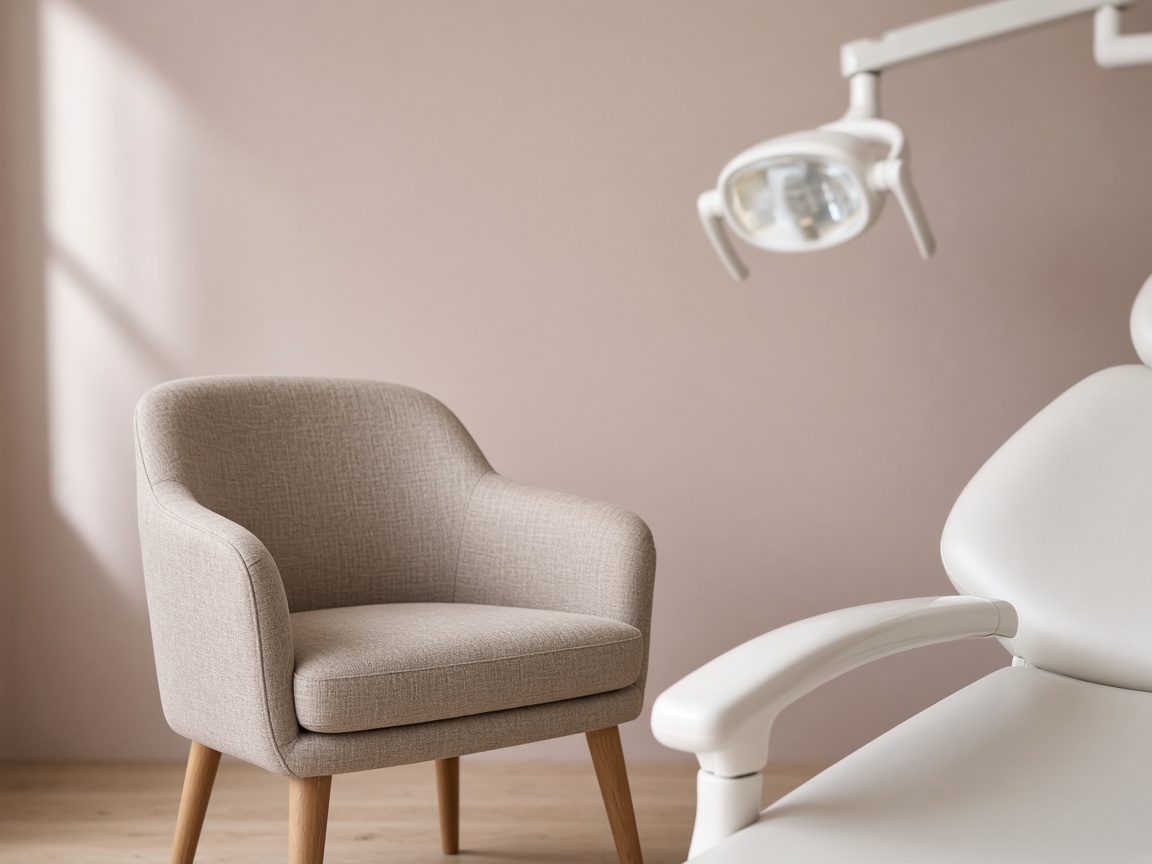 A close view of a beige consult chair beside the white arm of a dental chair, with the operating light overhead.