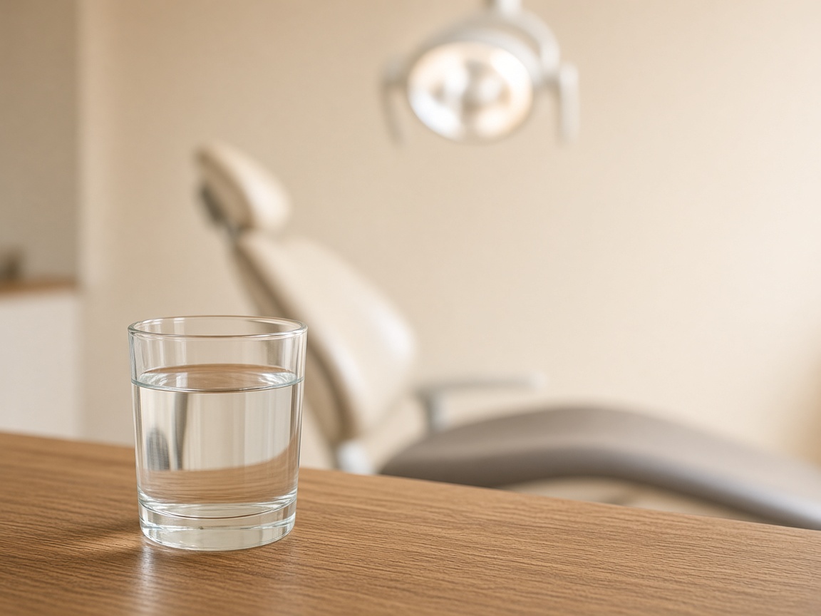 A clear glass of water sits on a wooden table while a dental chair and operating light blur in the background.