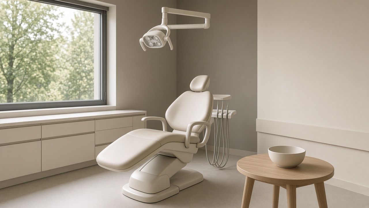 A cream dental chair and overhead light fill an empty taupe consult room, with a wooden table and ceramic bowl by the window.