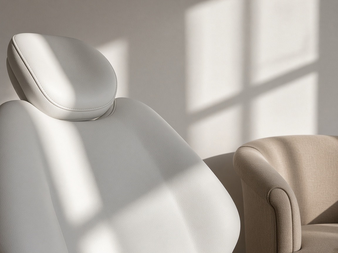 Sunlight stripes the white headrest of a dental chair beside the curved back of a beige consult chair.