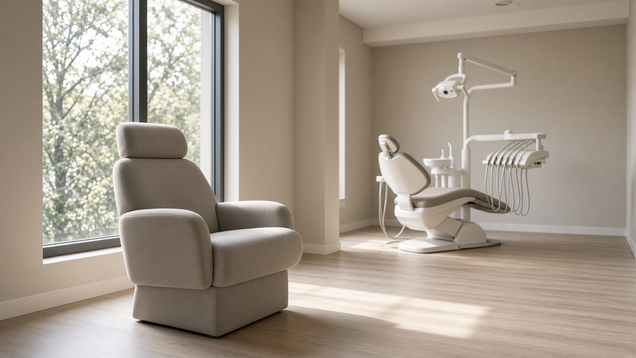 A beige consult chair sits by a window in an empty beige room, and a dental chair with an overhead light stands in the background.