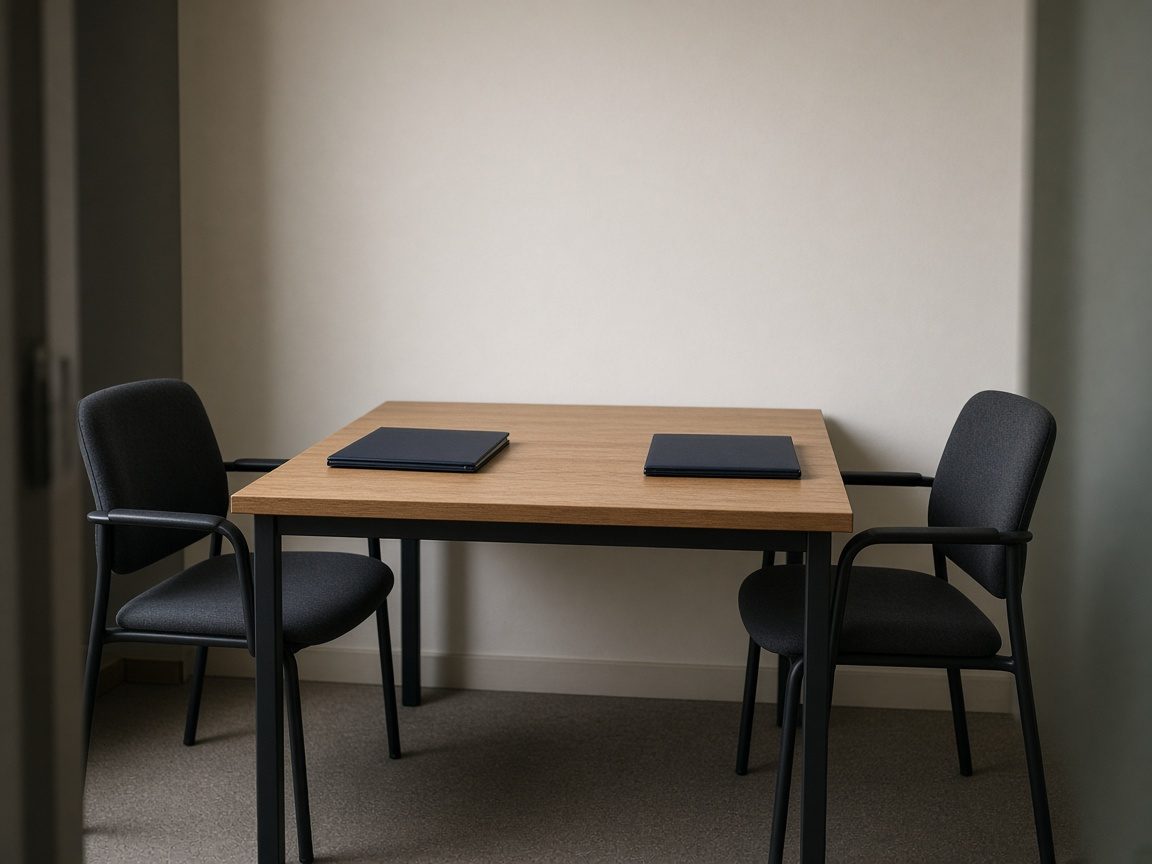 Two chairs pulled up to a desk with closed folders.