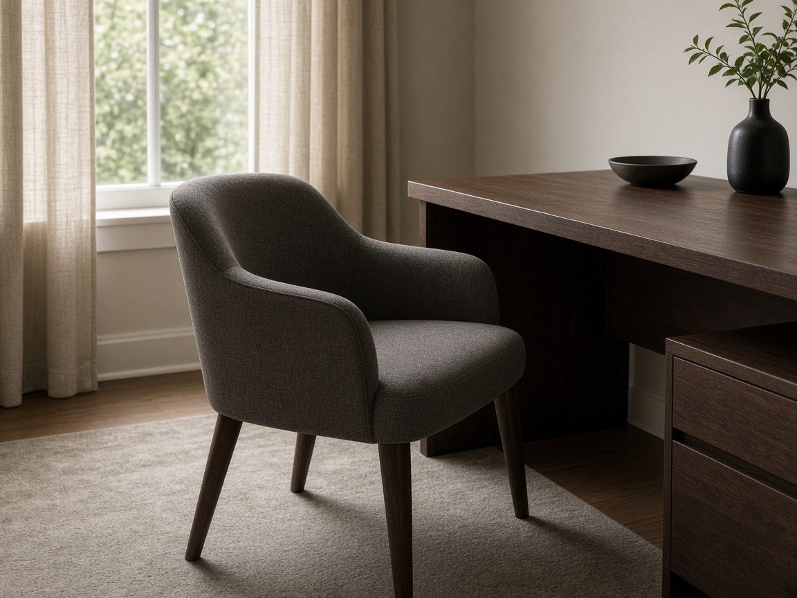 An empty guest chair angled toward a desk.