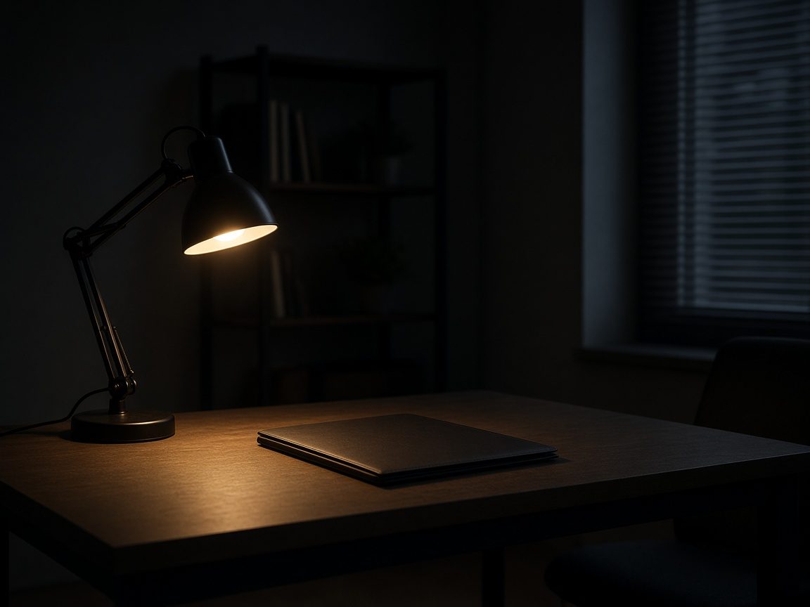 A desk lamp left on over a single closed folder in a dark office.