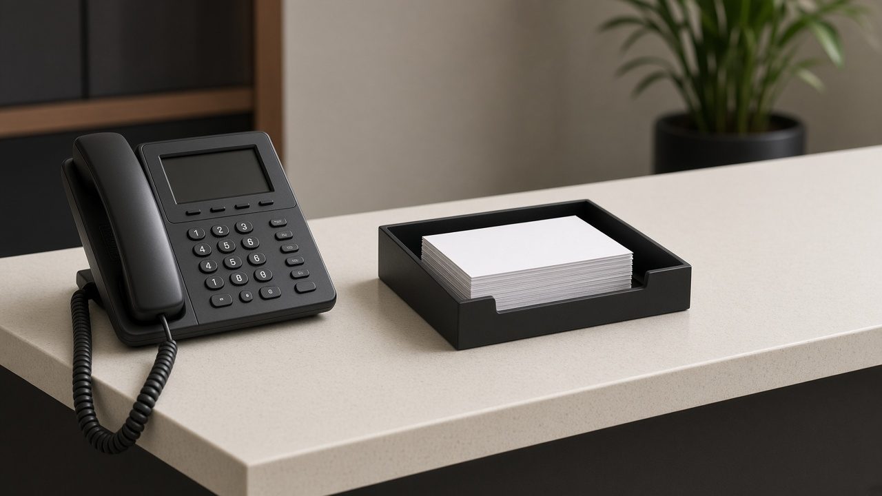 A phone, a dark screen, and a tray of blank cards on a front desk.
