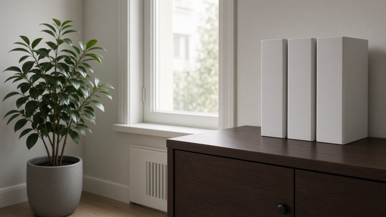 Three plain binders with blank spines beside a plant in a calm office.