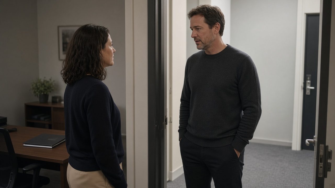 Two people talking in an office doorway, a closed folder on the desk behind them.