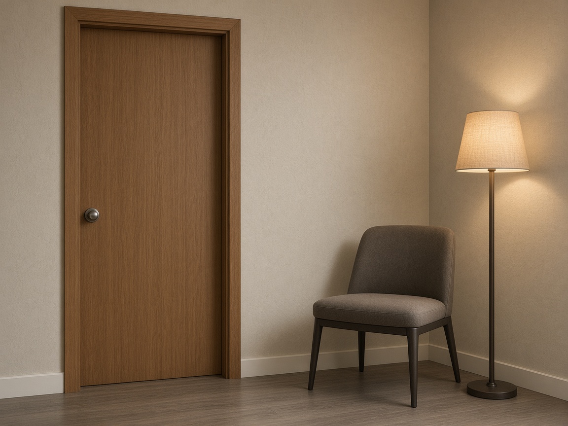 A plain wood door, an empty gray chair, and a lit floor lamp in a quiet office corner.