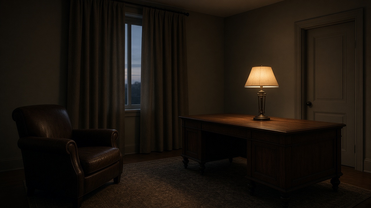 A dim private office with a leather armchair, a lit table lamp on a wooden desk, and a closed door.
