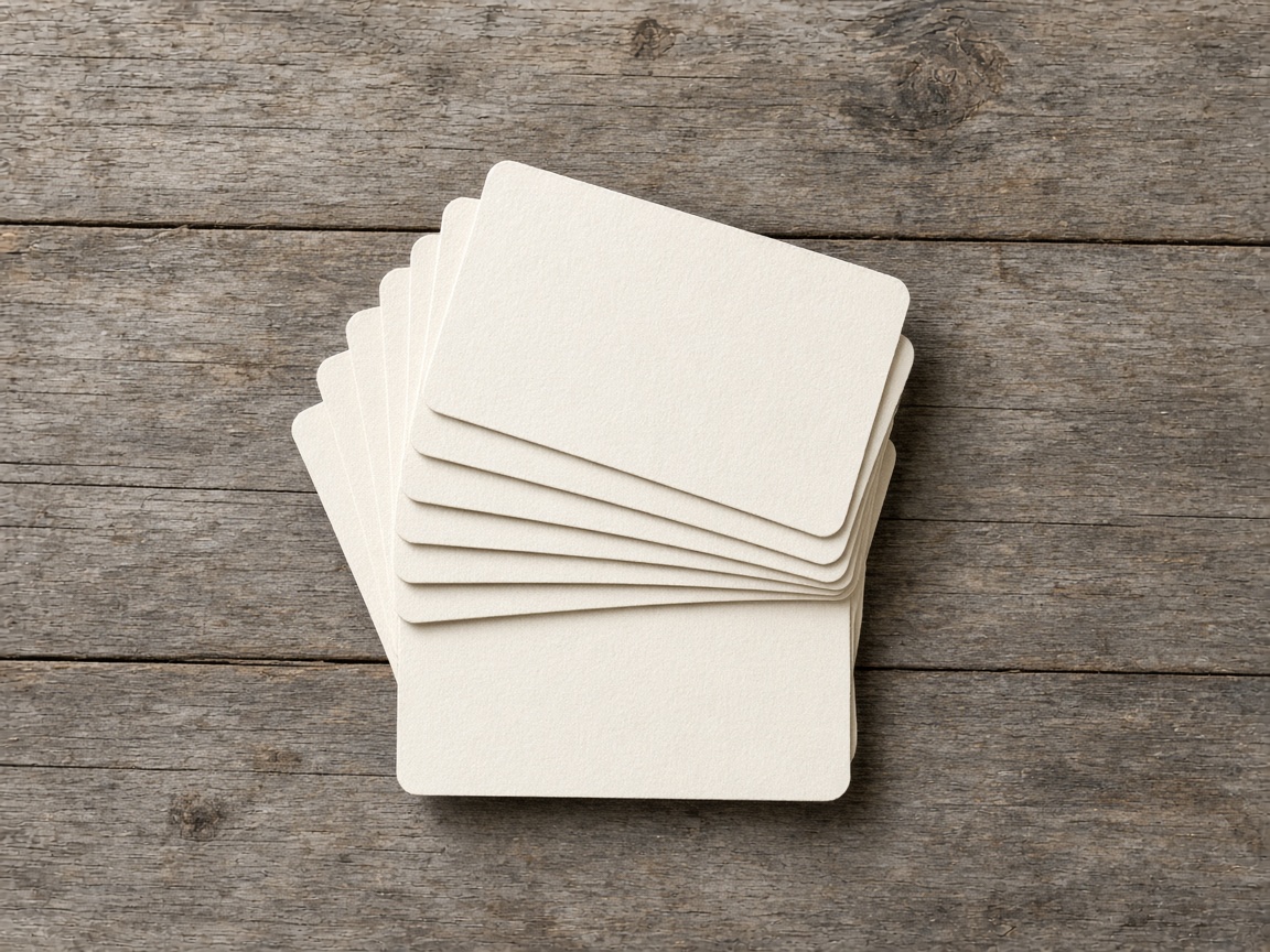 Blank cards are fanned in a stack, ready to be checked one by one.