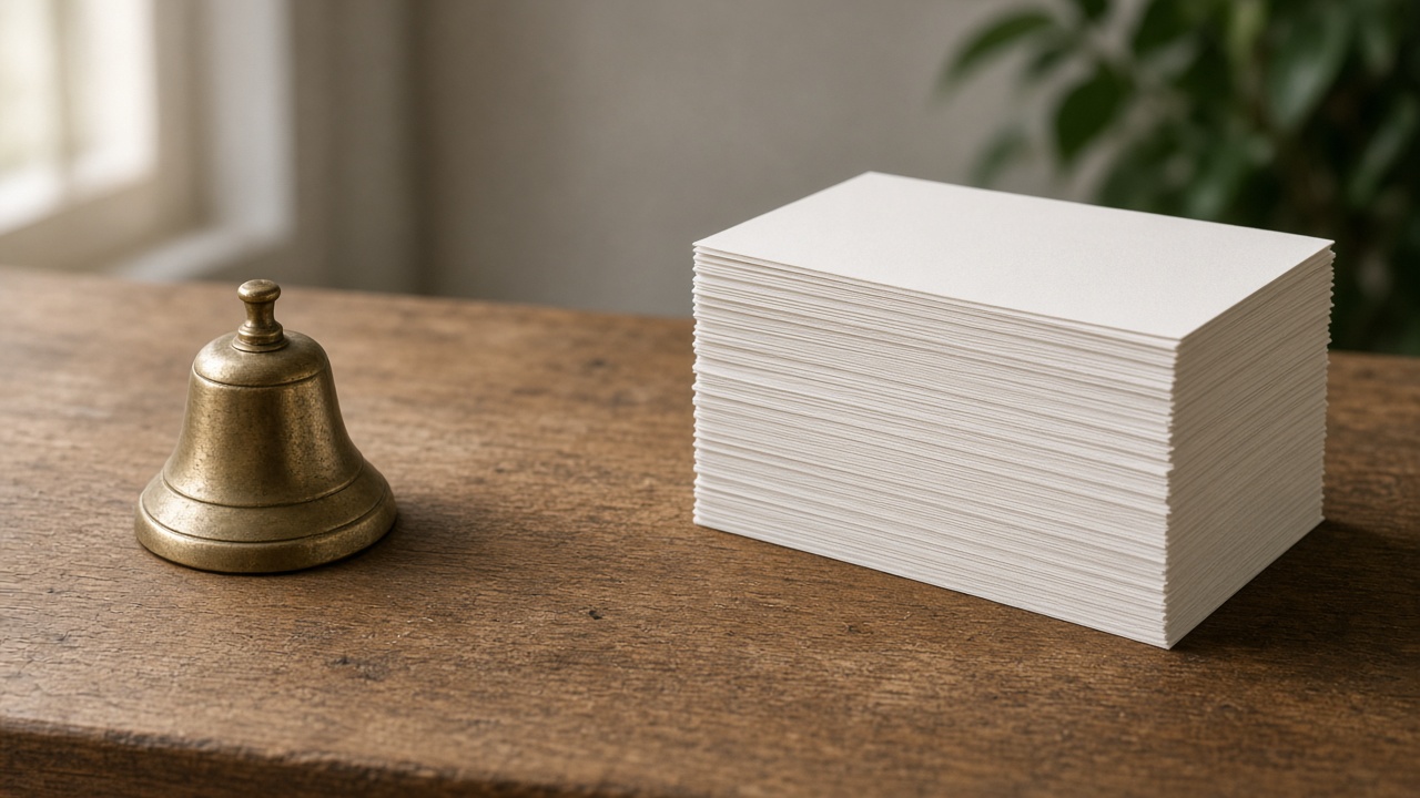 A brass bell sits beside a tall stack of blank cards.