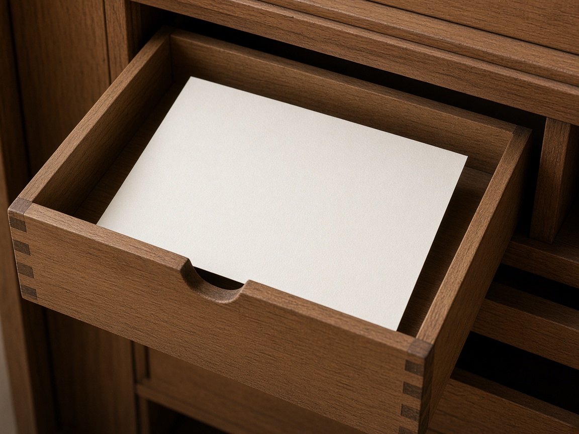 A blank card is halfway into a wooden catalog drawer.