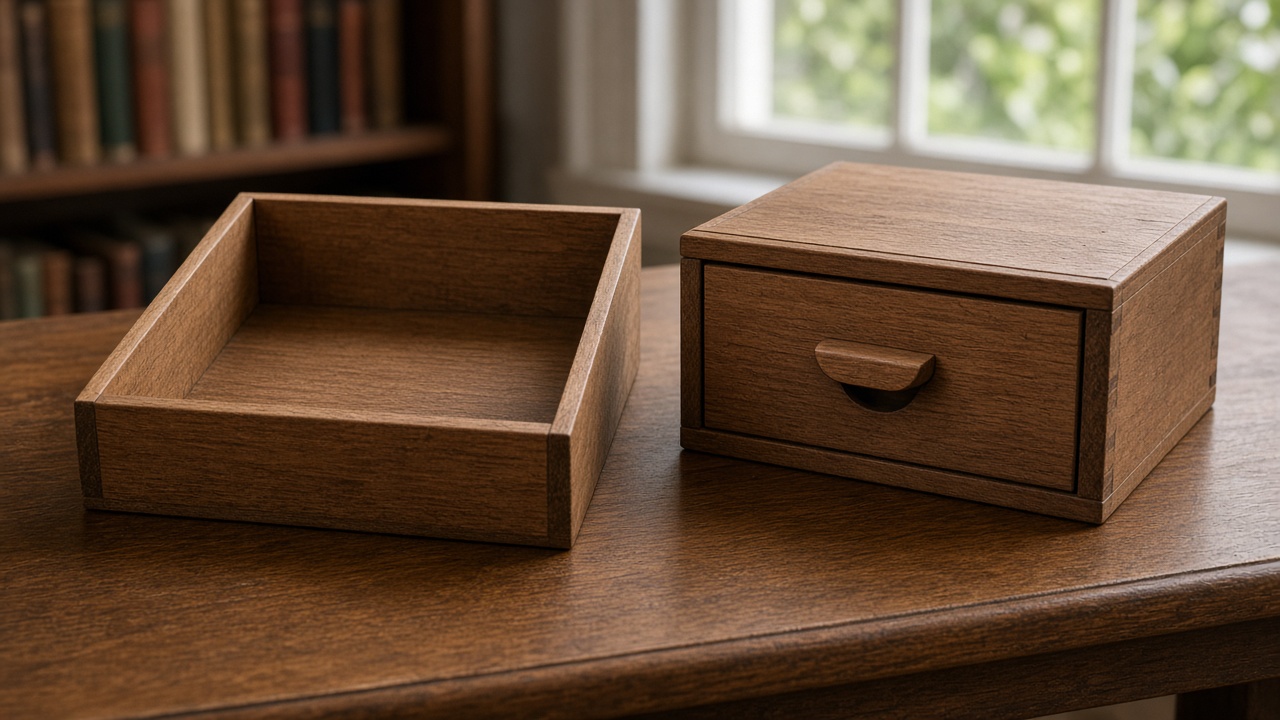 An empty wooden inbox tray sits beside a closed card-catalog drawer.