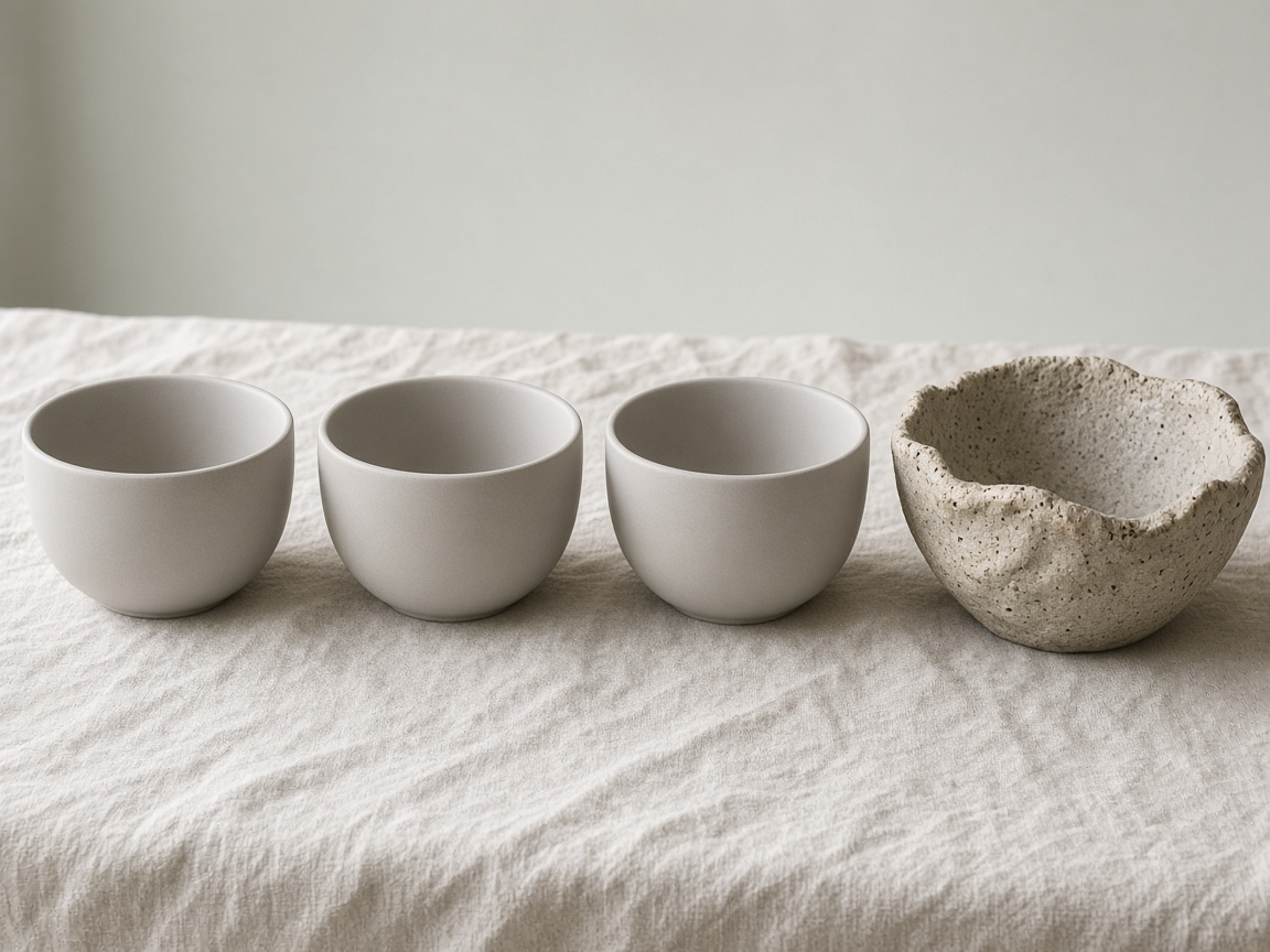 Three identical bowls sit in a line beside one hand-thrown bowl.