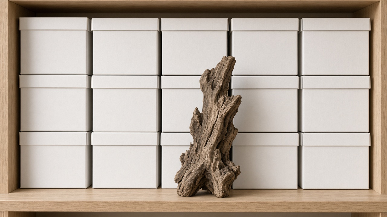Identical plain white boxes line a shelf behind one irregular wooden object.
