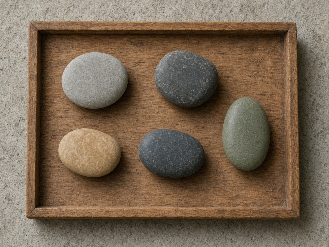 Five smooth stones rest on a shallow wooden board.
