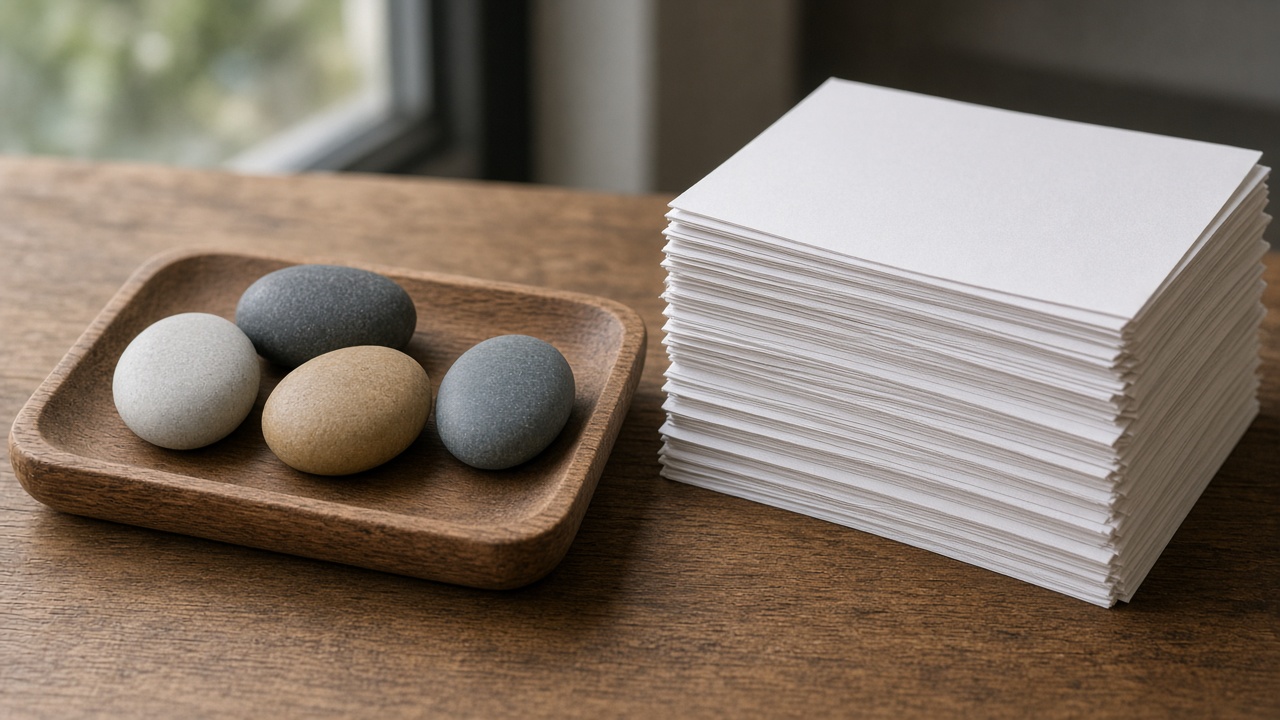 A shallow board holds a few stones beside a tall stack of blank paper.