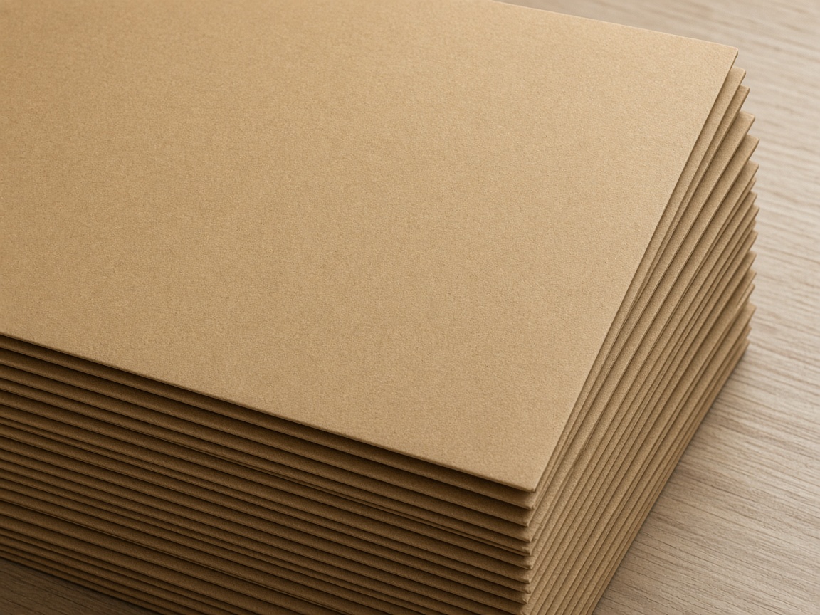 Identical closed kraft folders are stacked high.