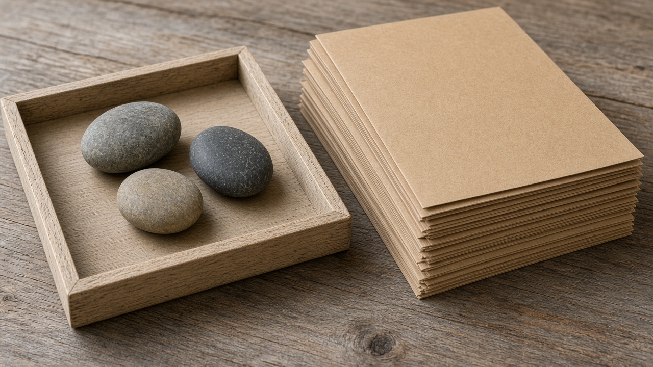 A shallow tray of stones sits beside a tall stack of closed folders.