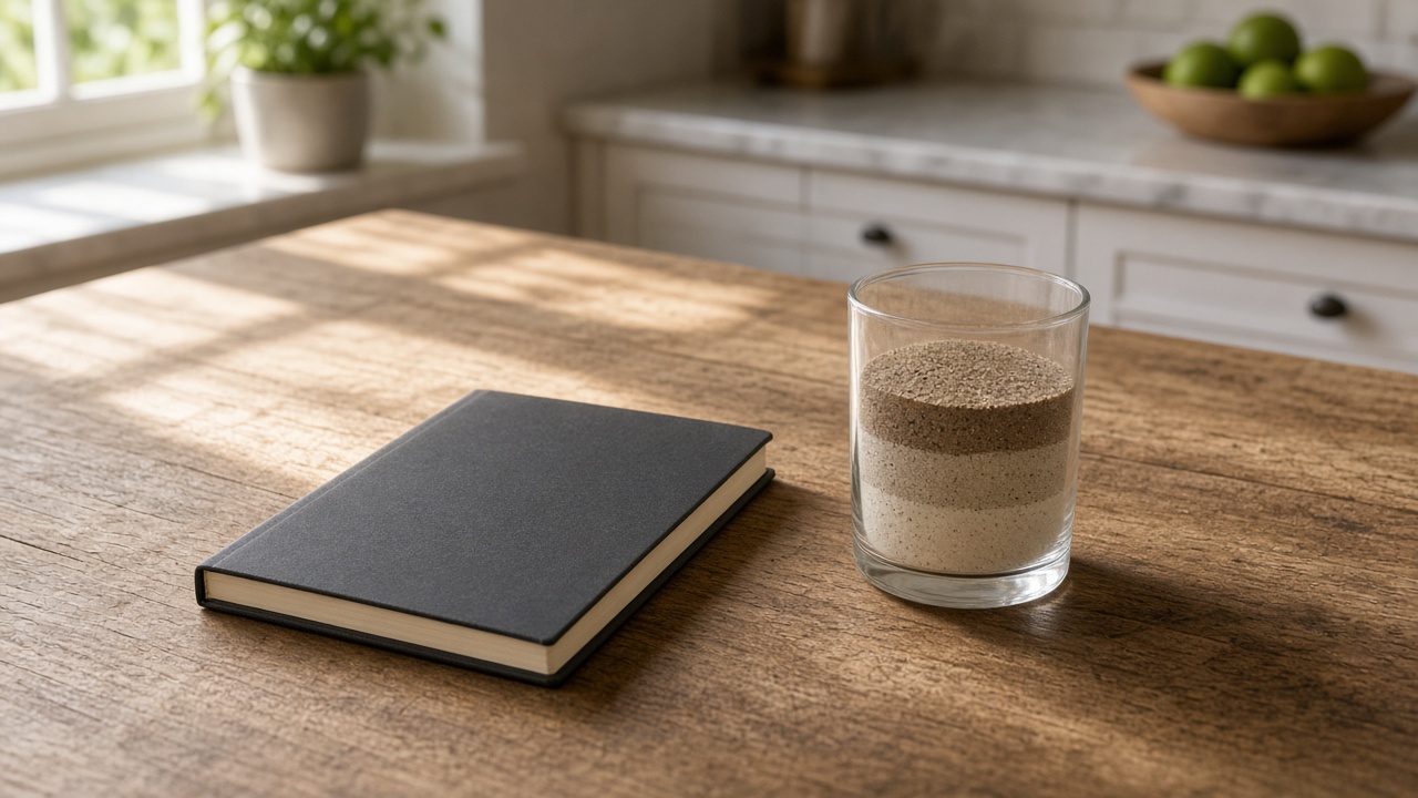 A clear glass of layered sand sits beside a closed notebook on a kitchen table.