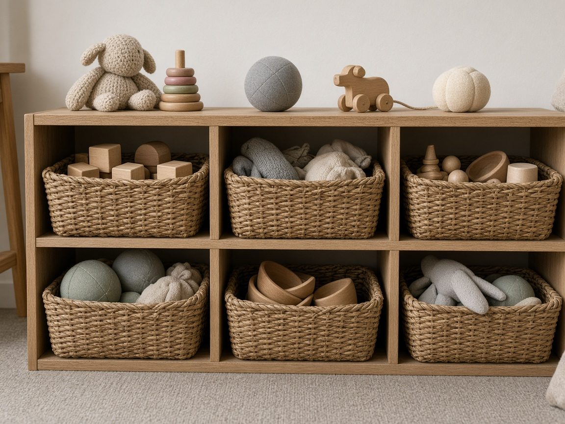 A low shelf of plain baskets holding toys, with no books.