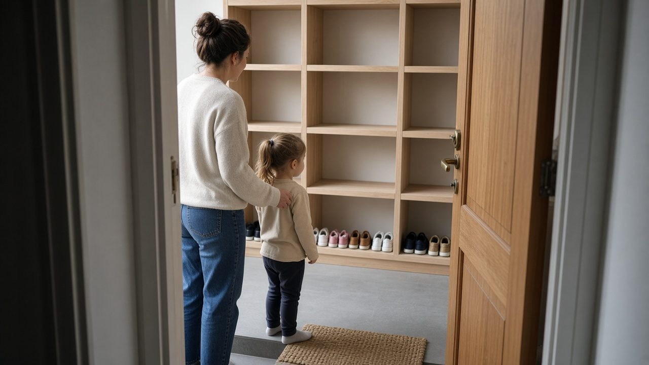 A parent and child at a daycare doorway, plain unlabeled cubbies and shoes beyond.