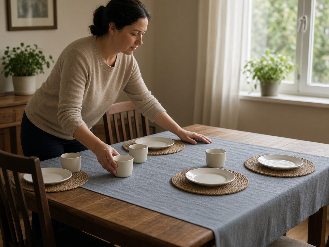 A caregiver setting plain cups at a table with space for one more.