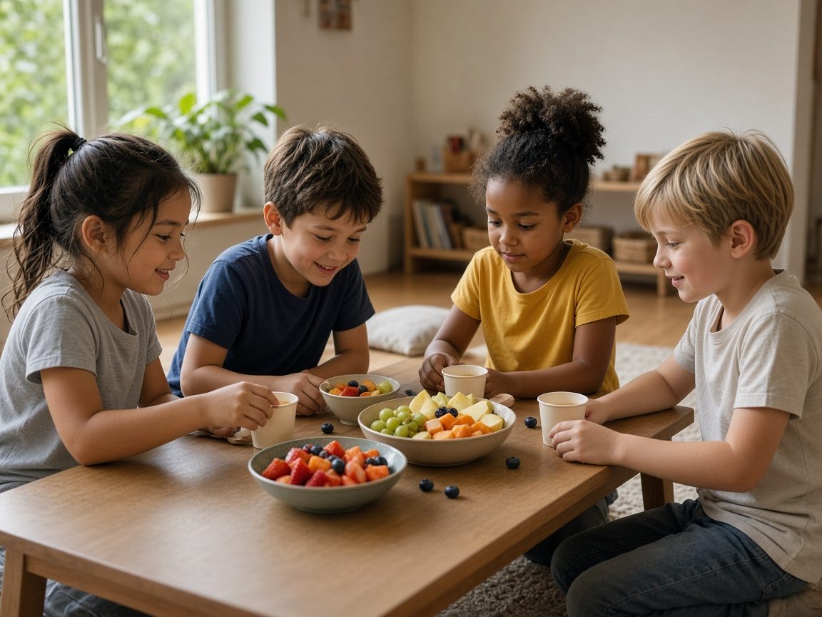 Older children at a low table with cups and fruit, no charts or name cards.