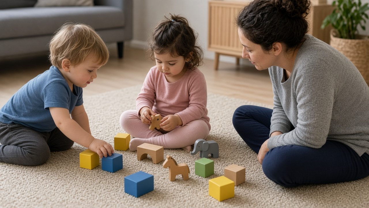 Toddlers and a caregiver on a rug with plain blocks and wooden animals, walls blank.
