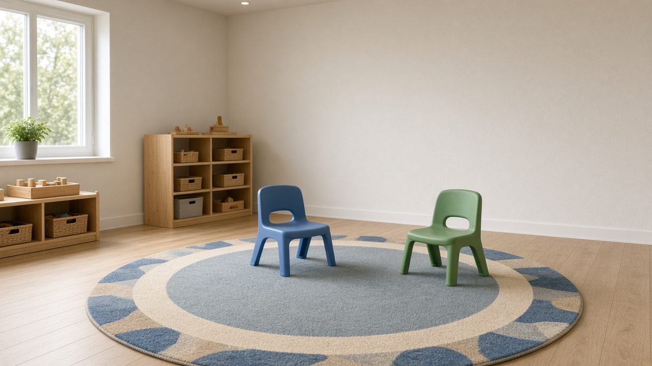 Child-sized chairs in a classroom, two of them empty, walls blank.