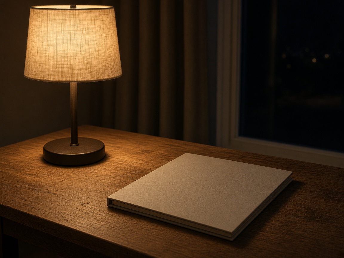 Close view of a lit linen-shade lamp and a closed pale folder on a wooden desk, with a dark window behind.
