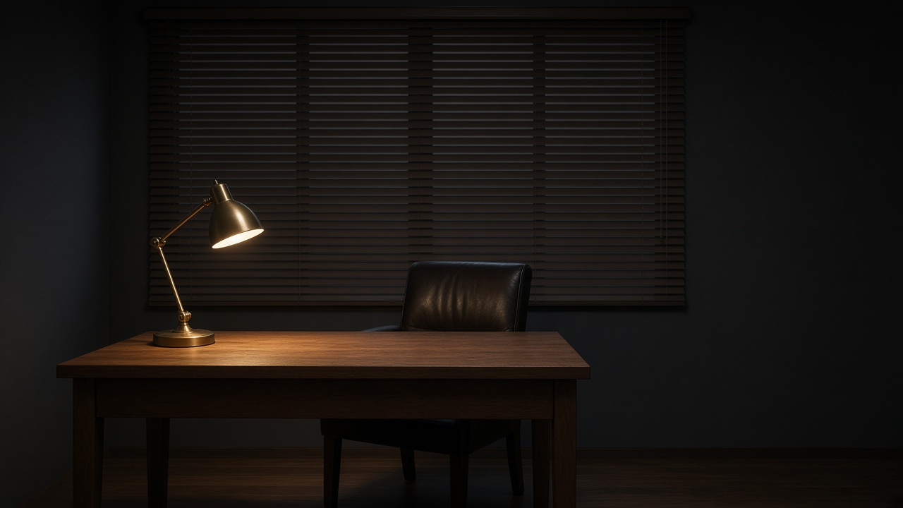 A wooden desk and empty leather chair in a dark office, lit by a brass lamp beneath closed blinds.