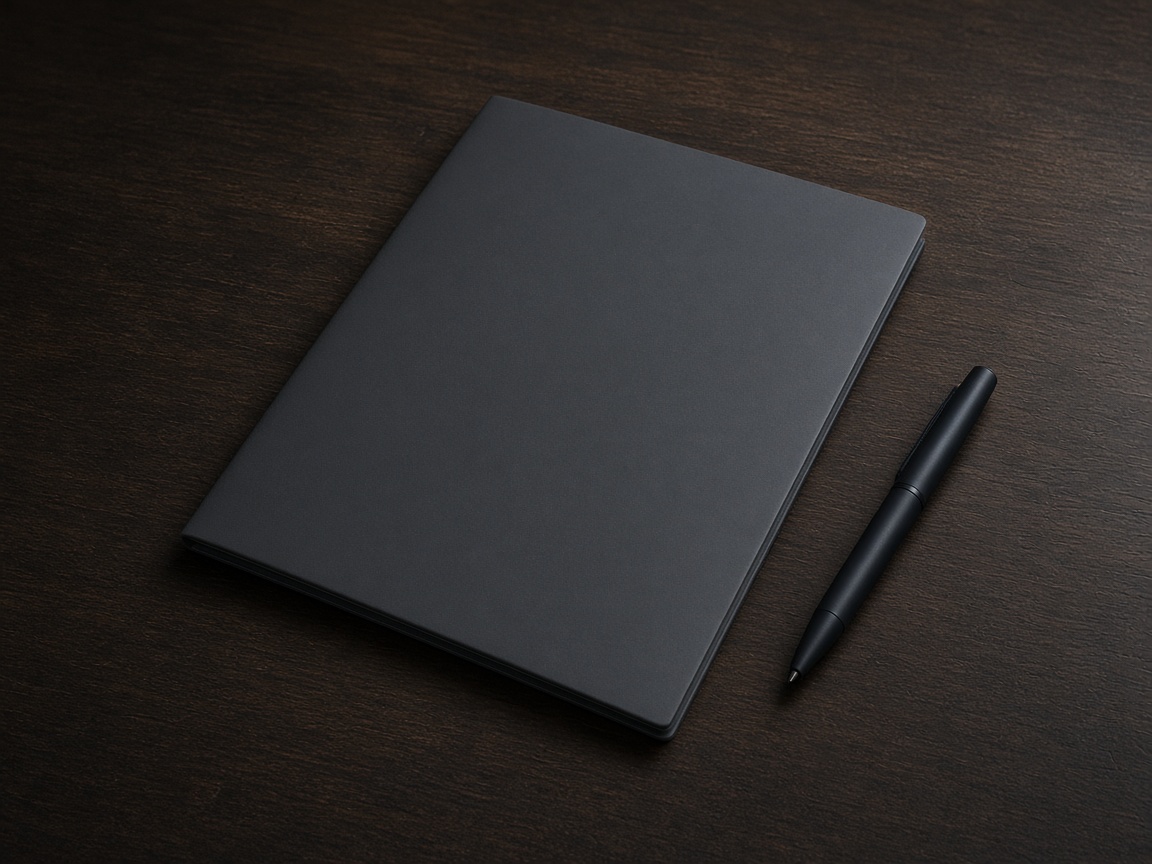 A closed dark gray folder and a plain black pen on a dark wooden desk.