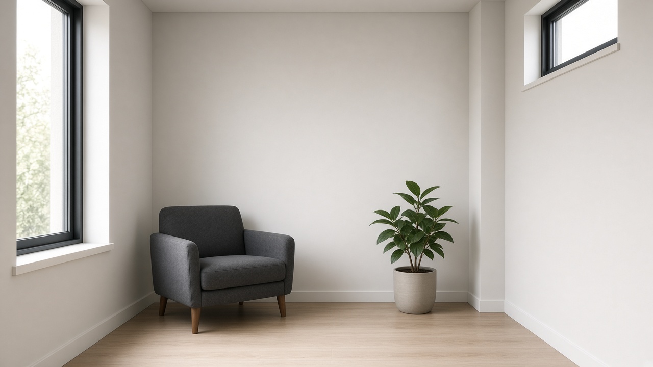 An empty charcoal armchair and a leafy plant in a pale room with two windows.