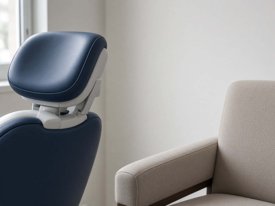 A close view of a navy dental-chair headrest next to the arm of a beige guest chair in a pale room.