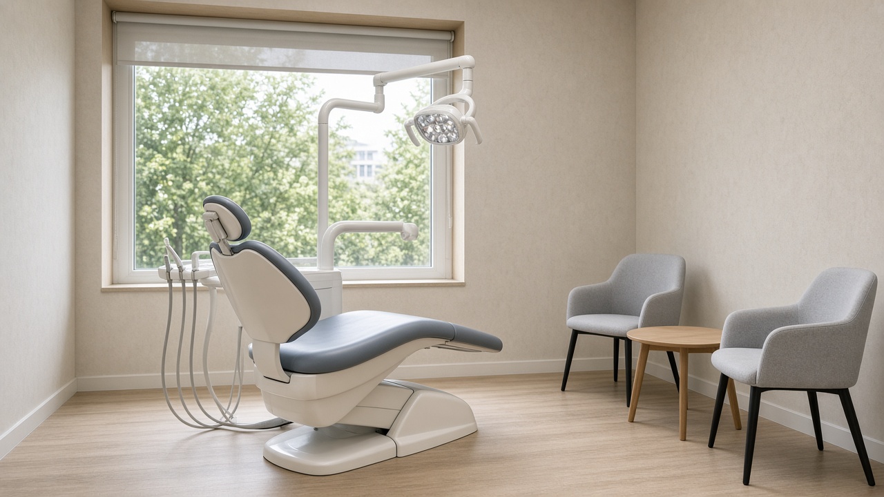 A blue-gray dental chair and overhead light sit by a window, opposite two empty gray guest chairs and a round wood table.